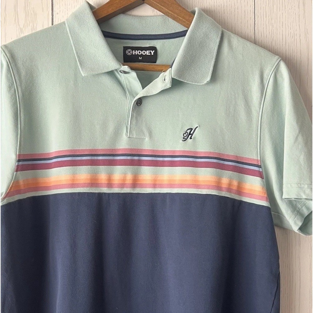 Hooey Polo Mens Medium The Maverick Green Blue Colorblock Striped Short Sleeve